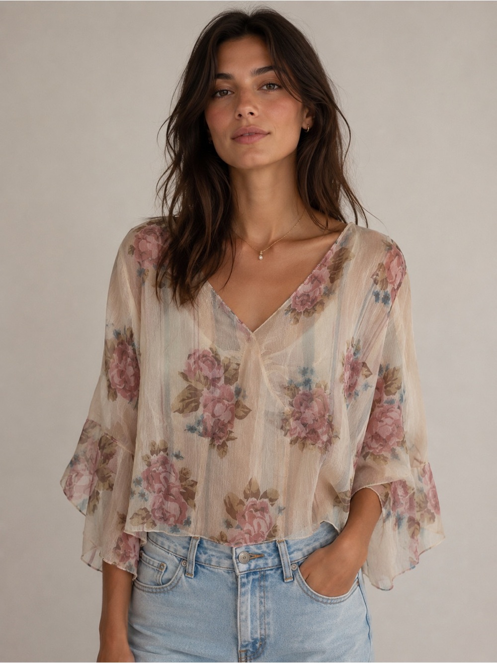 Vintage the limited 100% silk floral blouse sheer Y2K mid sleeve small elegant